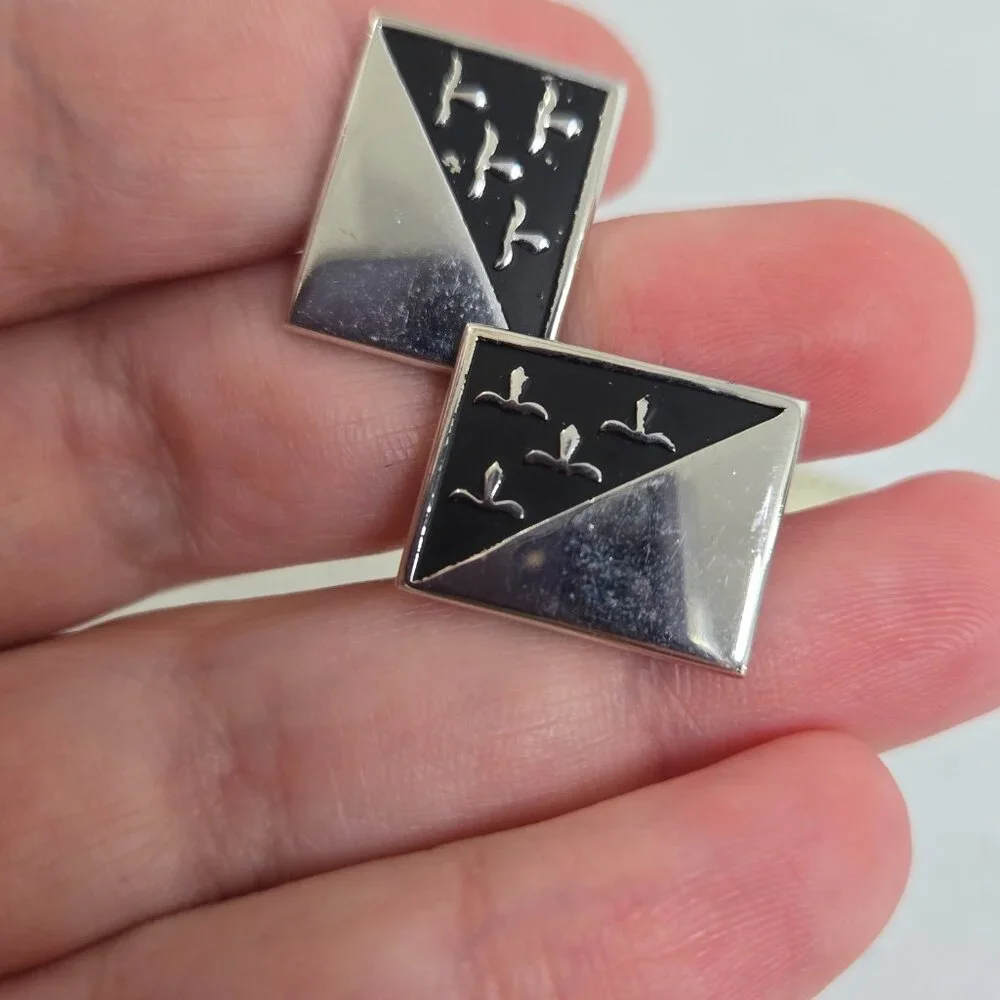 Swank Cufflinks Silver Tone Black Rectangle Diagonal Modern Stylized